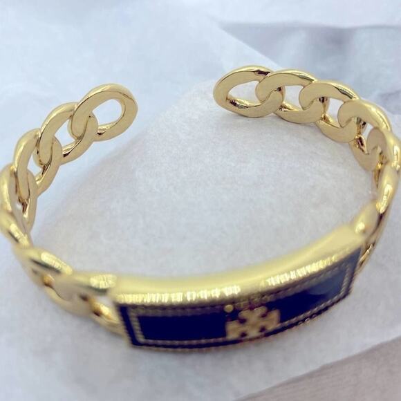 NWOT Tory Burch Chain Link Black,Gold Cuff Bangle Bracelet - Picture 3 of 8